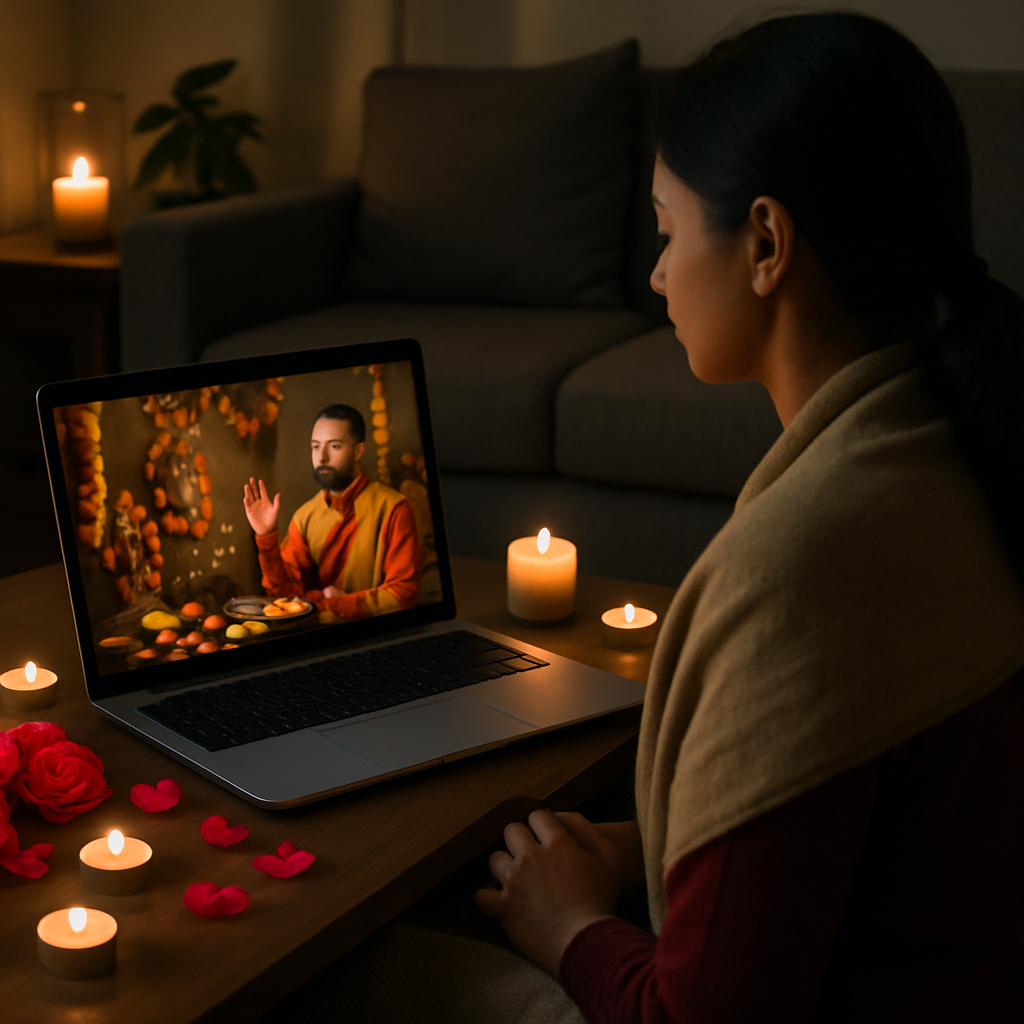 A person comfortably participating in an online puja ceremony from home using a laptop, surrounded by candles and flowers.
