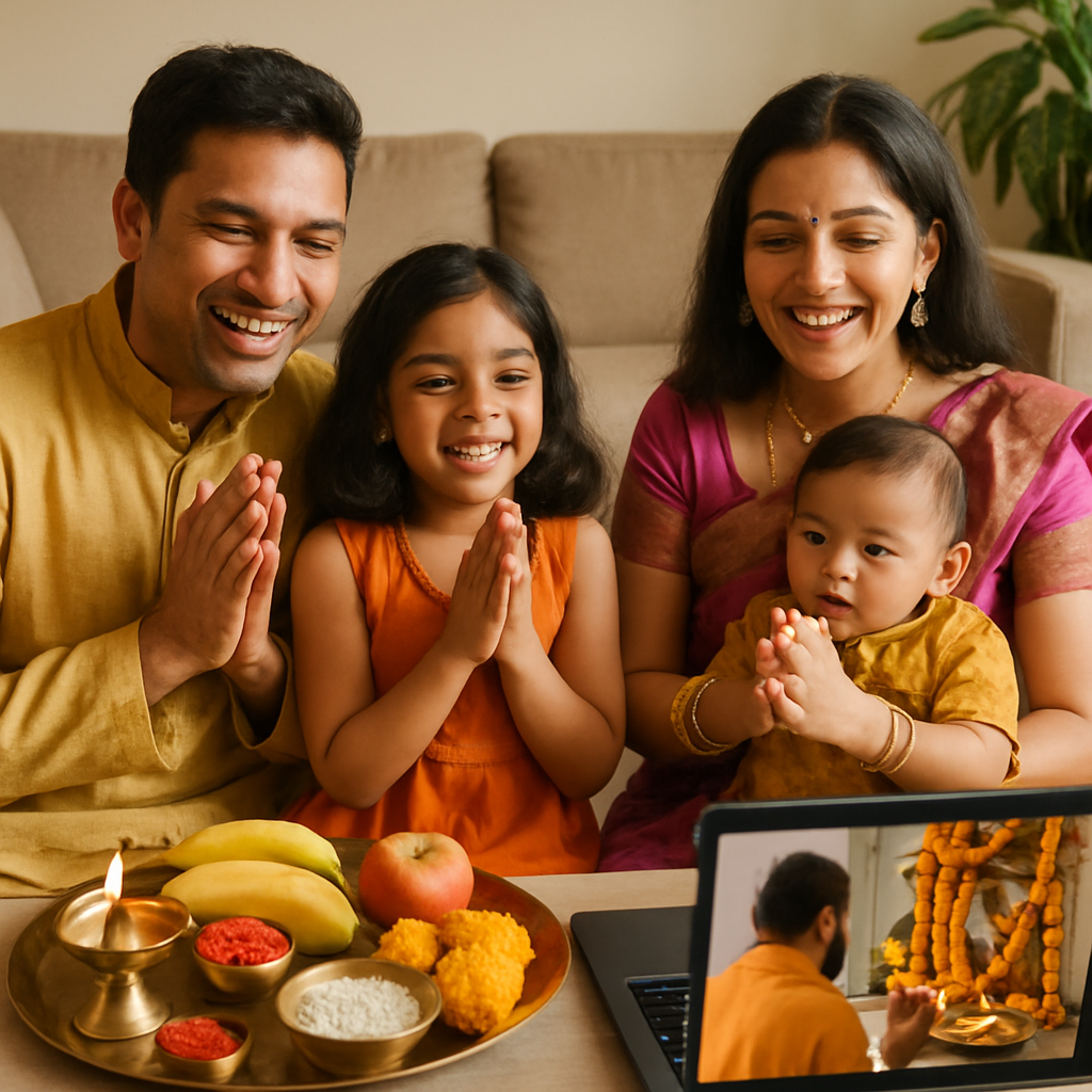 A joyful family participating in a personalized online puja ceremony celebrating a milestone event at home.