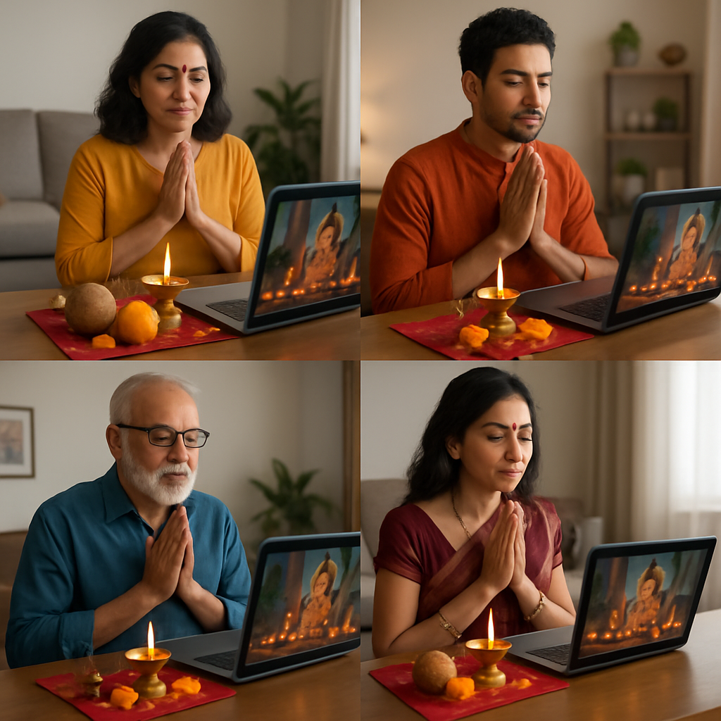 A diverse group of people participating in an online puja ceremony from their homes, showcasing unity and connection.