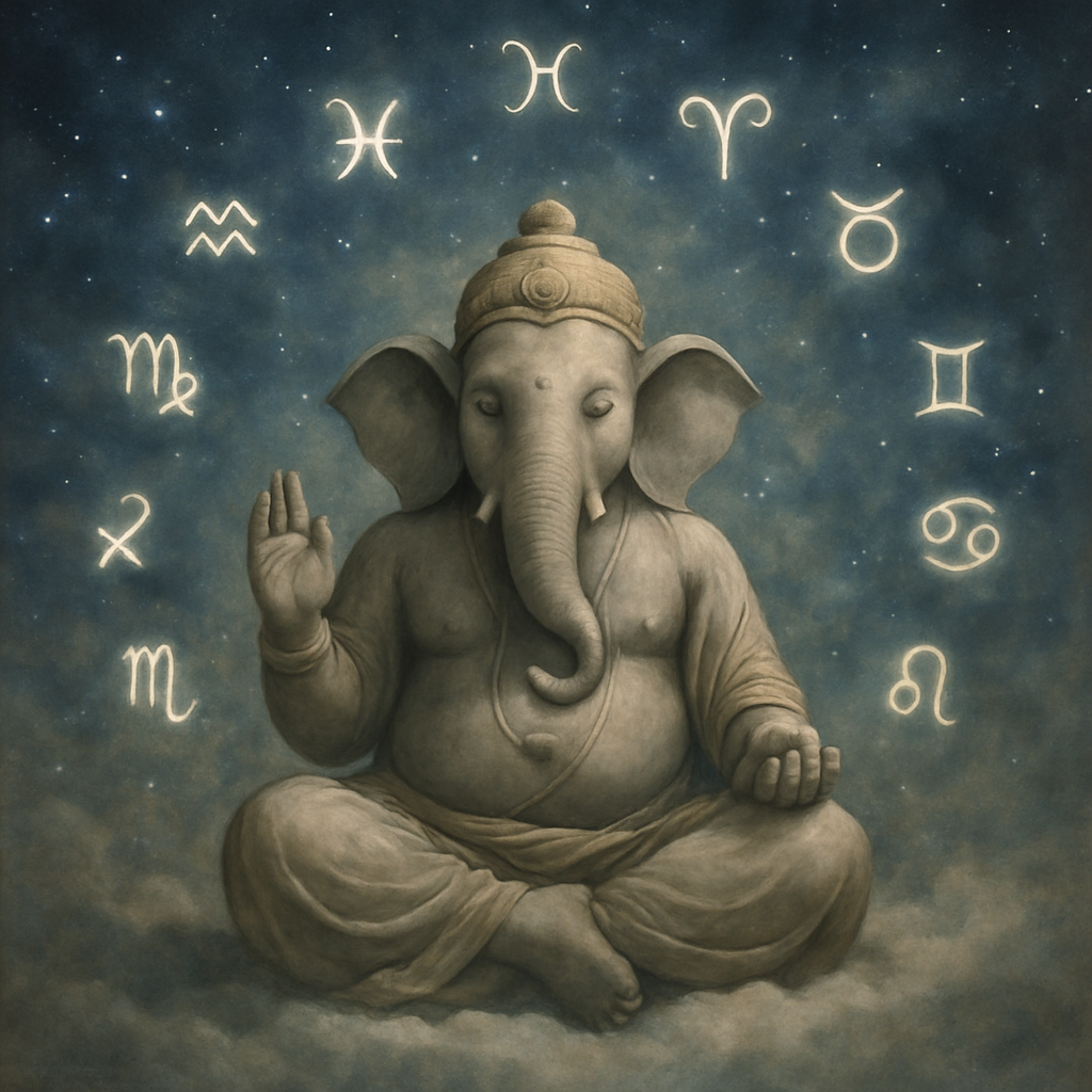 A serene scene depicting Lord Ganesha surrounded by astrological symbols in a celestial setting