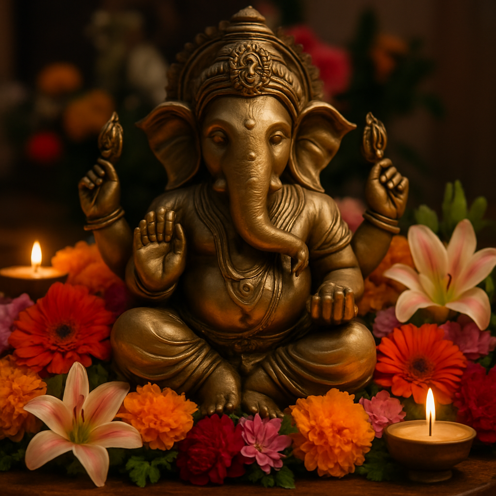 A serene image of Lord Ganesha surrounded by flowers and candles during a puja ceremony