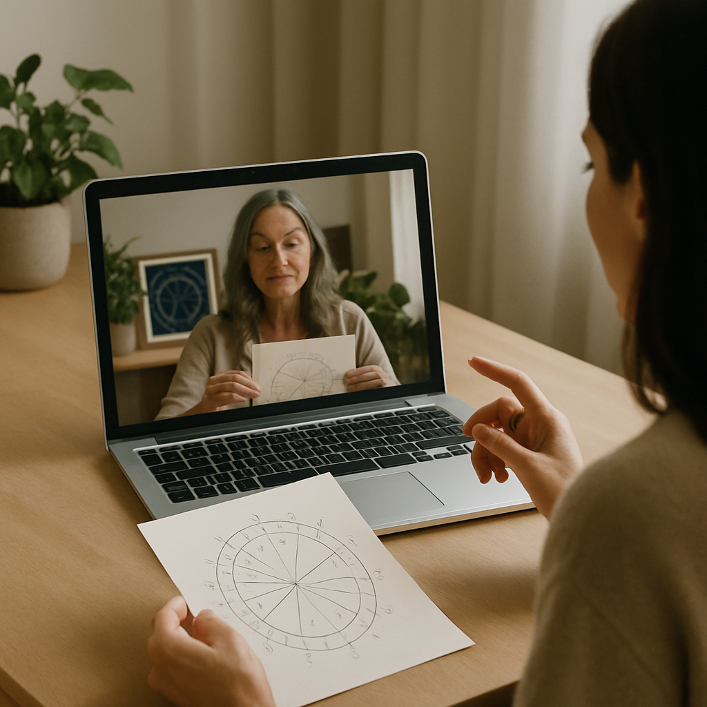 A serene online consultation scene with an astrologer and client discussing astrology charts on a laptop