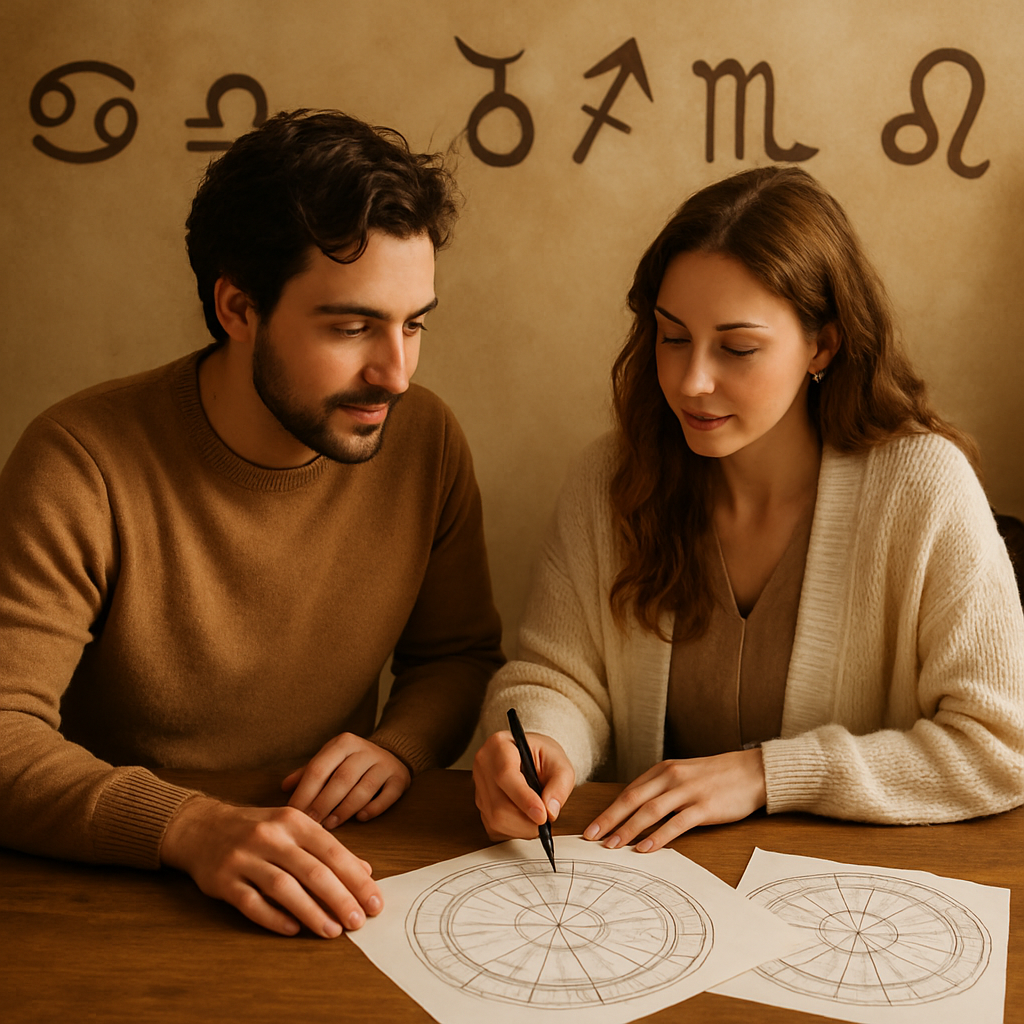 A couple engaged in astrology consultation with birth charts laid out on a table, surrounded by astrological symbols