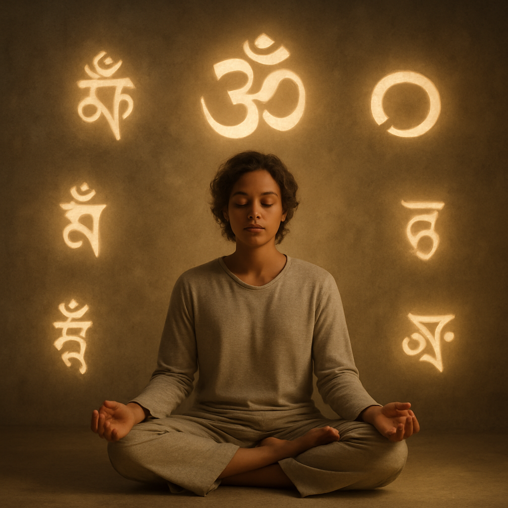 A serene meditation scene featuring a person sitting cross-legged with soft light around them, surrounded by symbols representing various cultures' mantras.