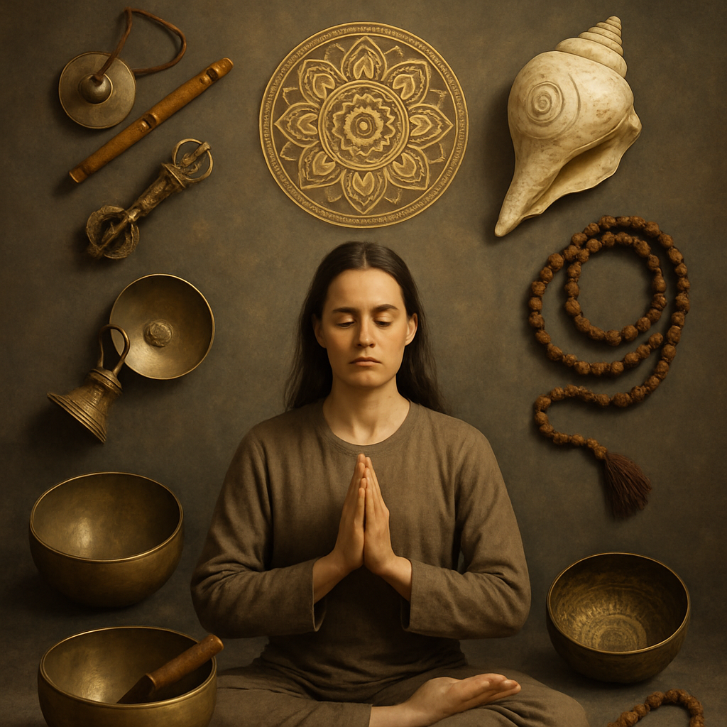 An artistic representation of various cultural symbols related to sound healing and mantras surrounding a meditative figure.