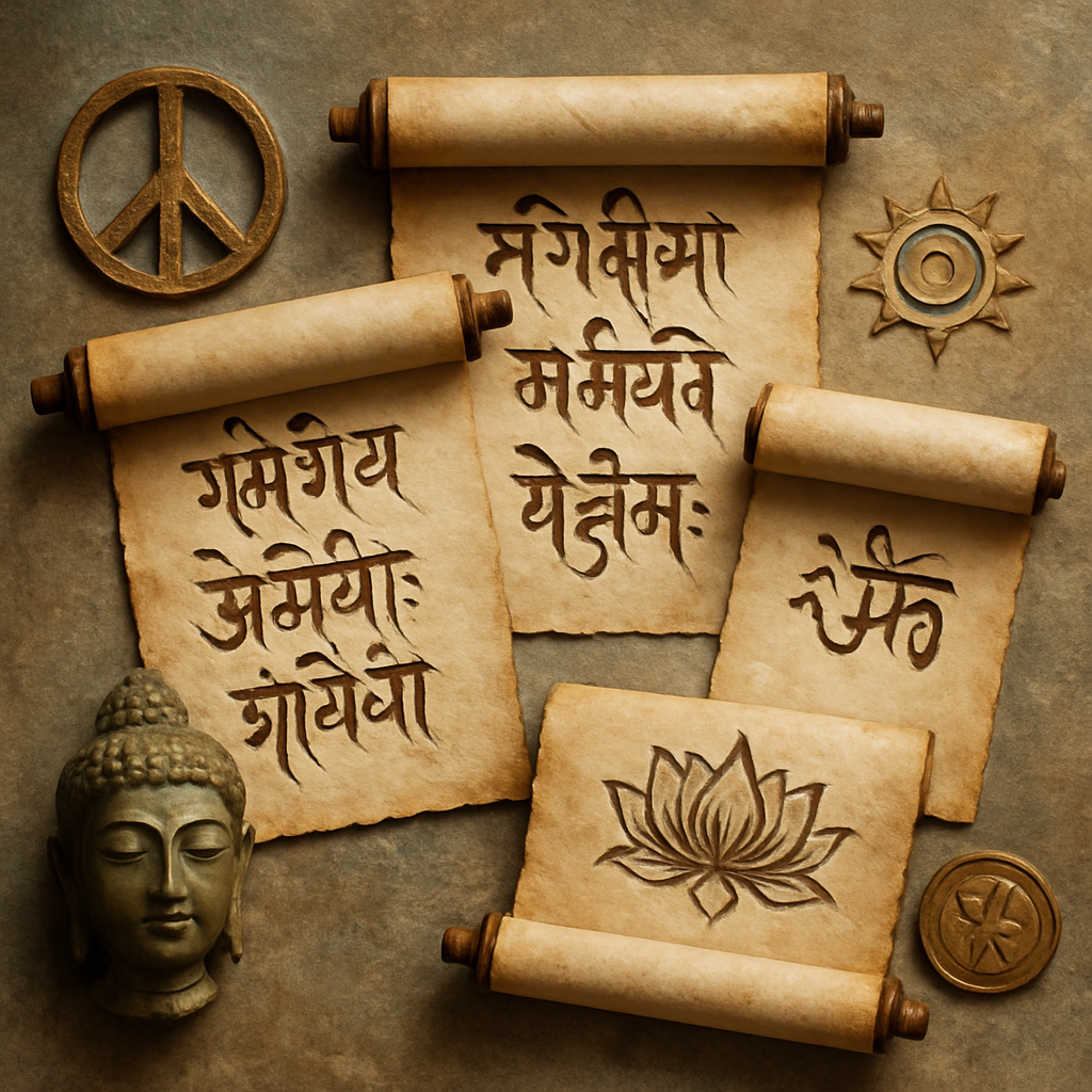 An illustration depicting various ancient mantras written artistically on scrolls surrounded by symbols representing peace, clarity, healing, and prosperity.