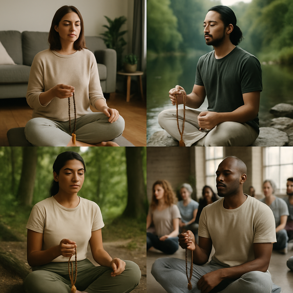 A tranquil scene showing different individuals practicing mantra meditation in various environments such as home, nature, and community spaces.