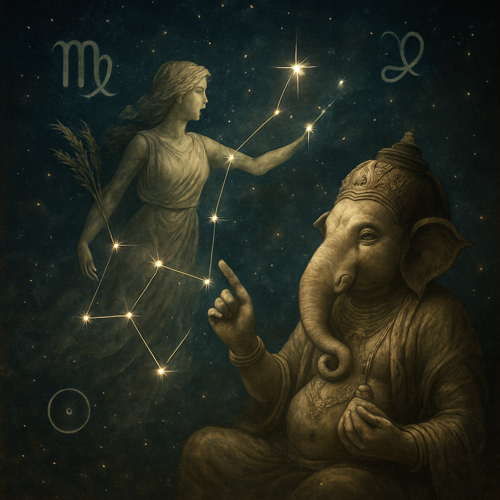 A mystical illustration of Virgo constellation with astrological symbols and Ganesha's figure guiding it