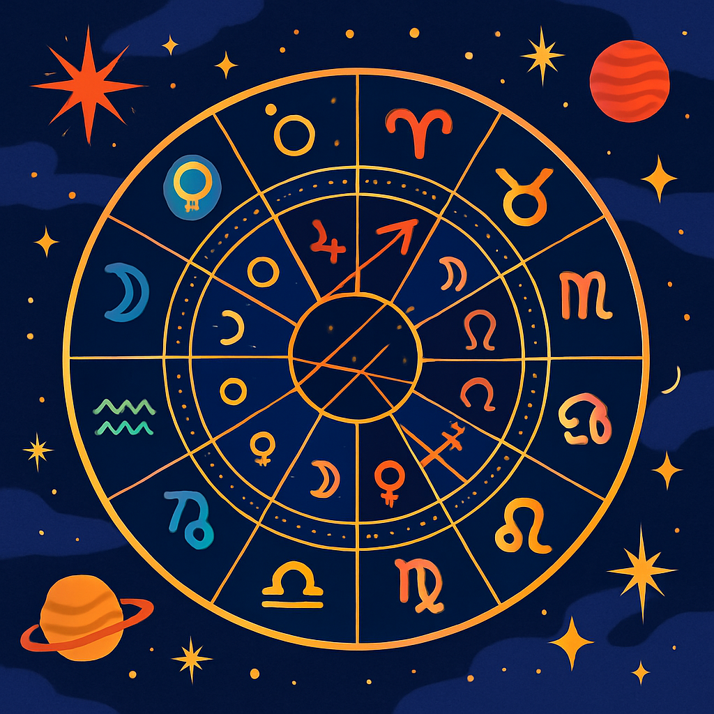 A vibrant illustration of a detailed birth chart with zodiac symbols and planetary positions