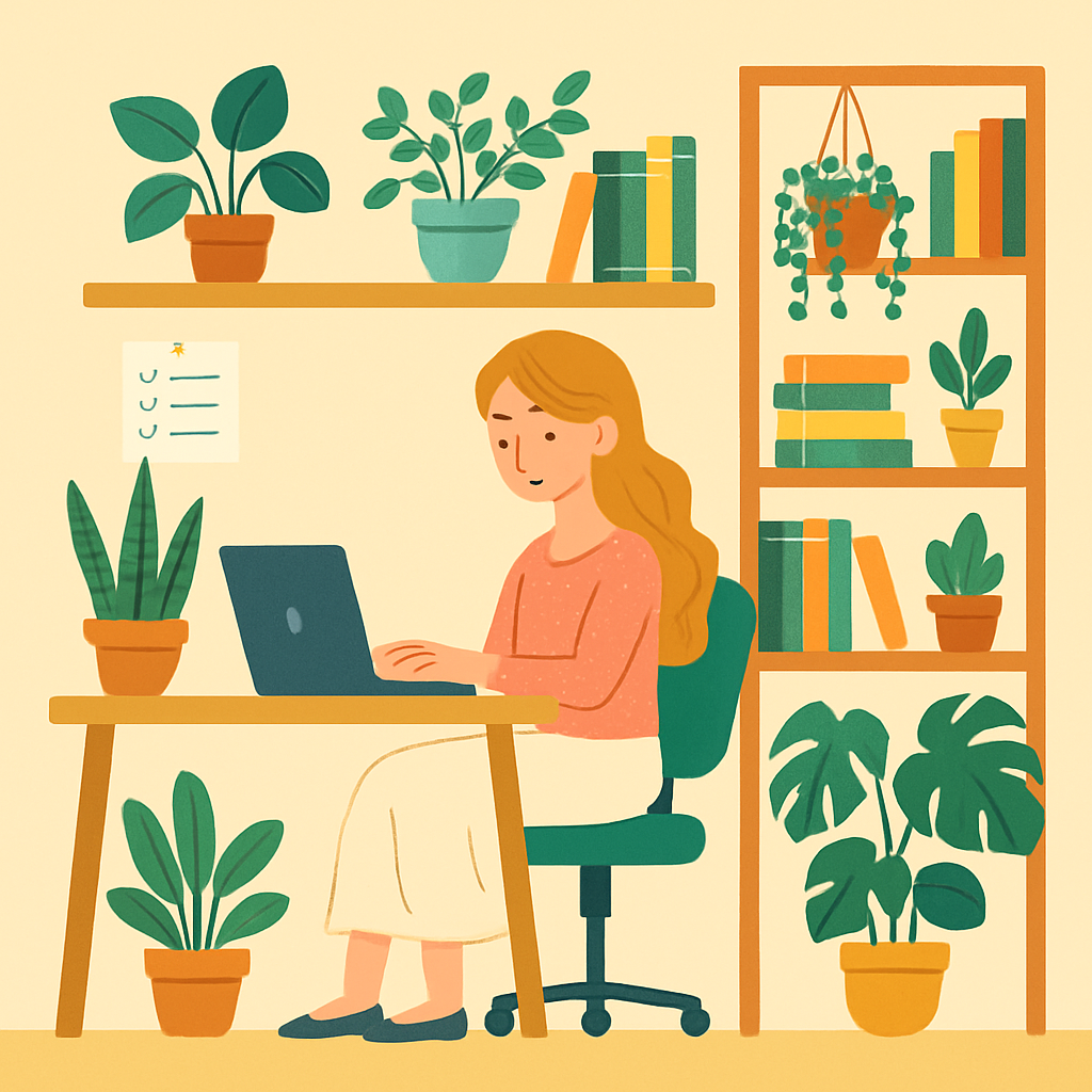A whimsical illustration depicting the Virgo zodiac sign as an organized office space filled with plants and books