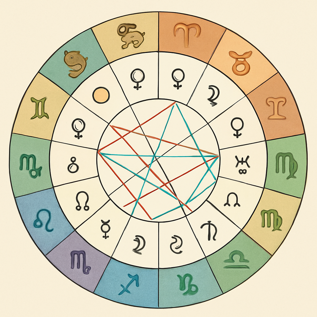 A detailed birth chart with planets, zodiac signs, houses, and aspects illustrated