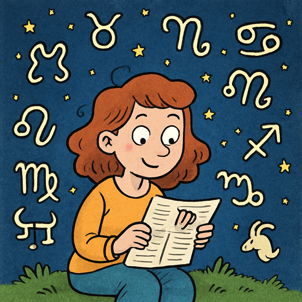 A whimsical illustration of a Virgo reading their horoscope under a starry sky, surrounded by astrological symbols