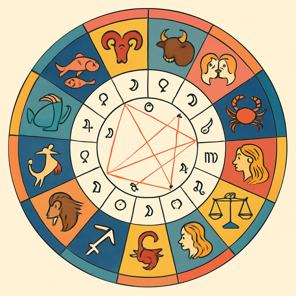 A colorful illustration of a detailed birth chart with zodiac signs and planetary positions