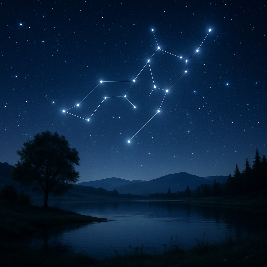 A serene landscape depicting a Virgo constellation in the night sky with stars twinkling brightly