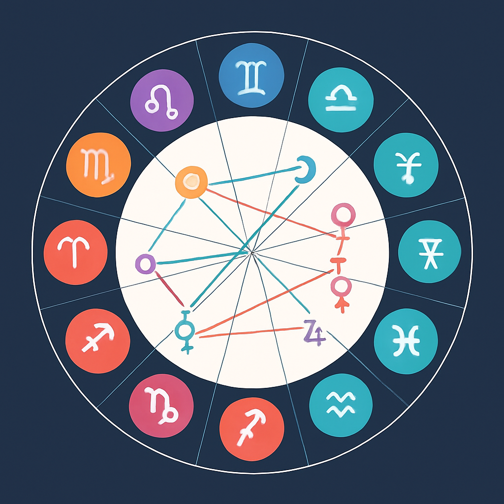 A modern digital interface displaying an astrological birth chart with zodiac signs and planetary positions