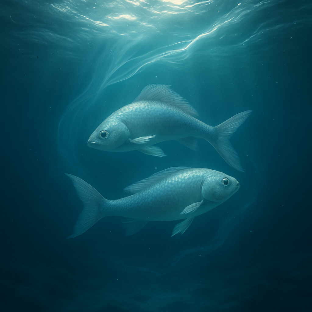 A serene underwater scene depicting a mystical ocean with flowing water and shimmering fish representing Pisces zodiac sign