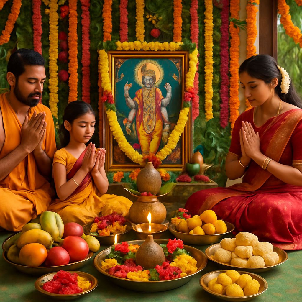 A vibrant depiction of Satyanarayana Pooja setup with colorful decorations, offerings like fruits and sweets, and devotees in traditional attire