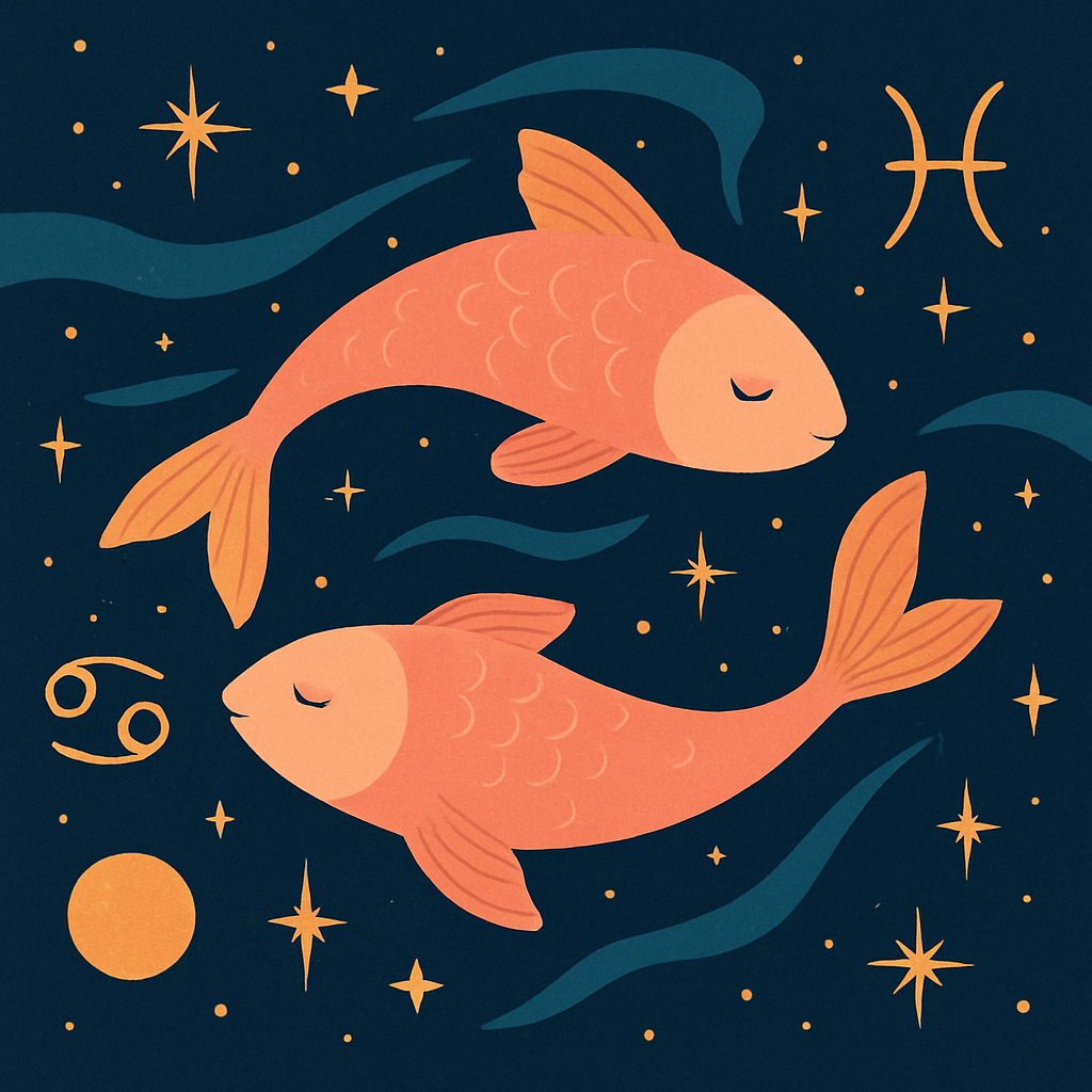 A whimsical illustration of a Pisces swimming gracefully through cosmic waters filled with stars and astrological symbols