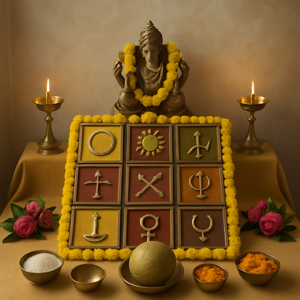 A serene setting depicting an altar for Navagraha Shanti Puja with nine planetary symbols arranged beautifully