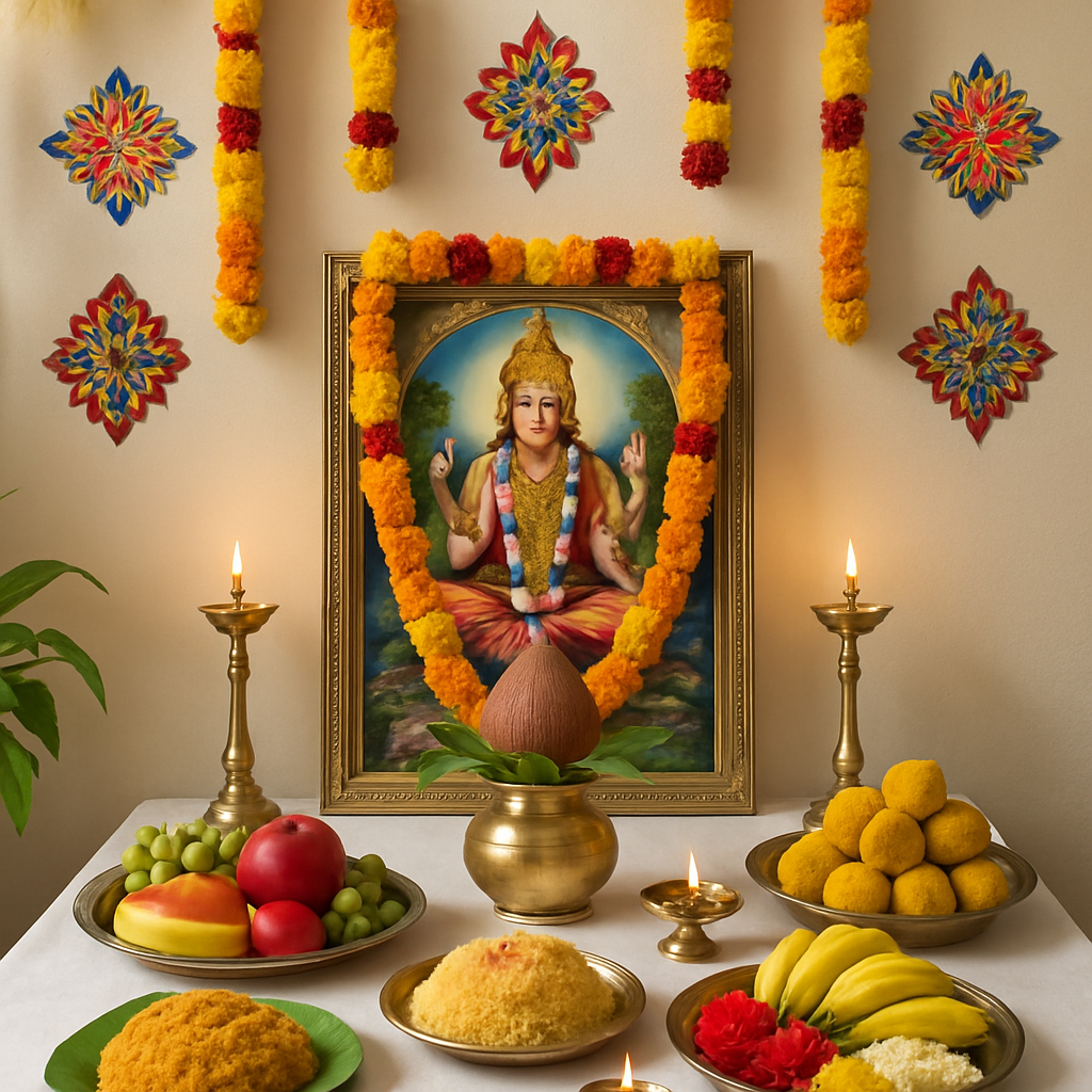 A serene home altar set up for Satyanarayana Pooja with colorful decorations and offerings