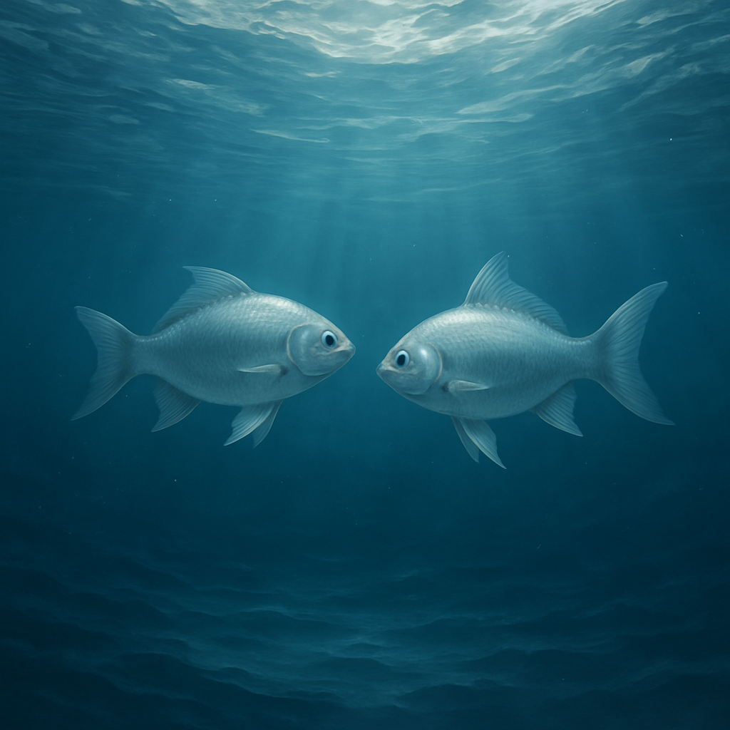 A serene underwater scene representing Pisces zodiac sign, featuring flowing water and gentle fish swimming harmoniously