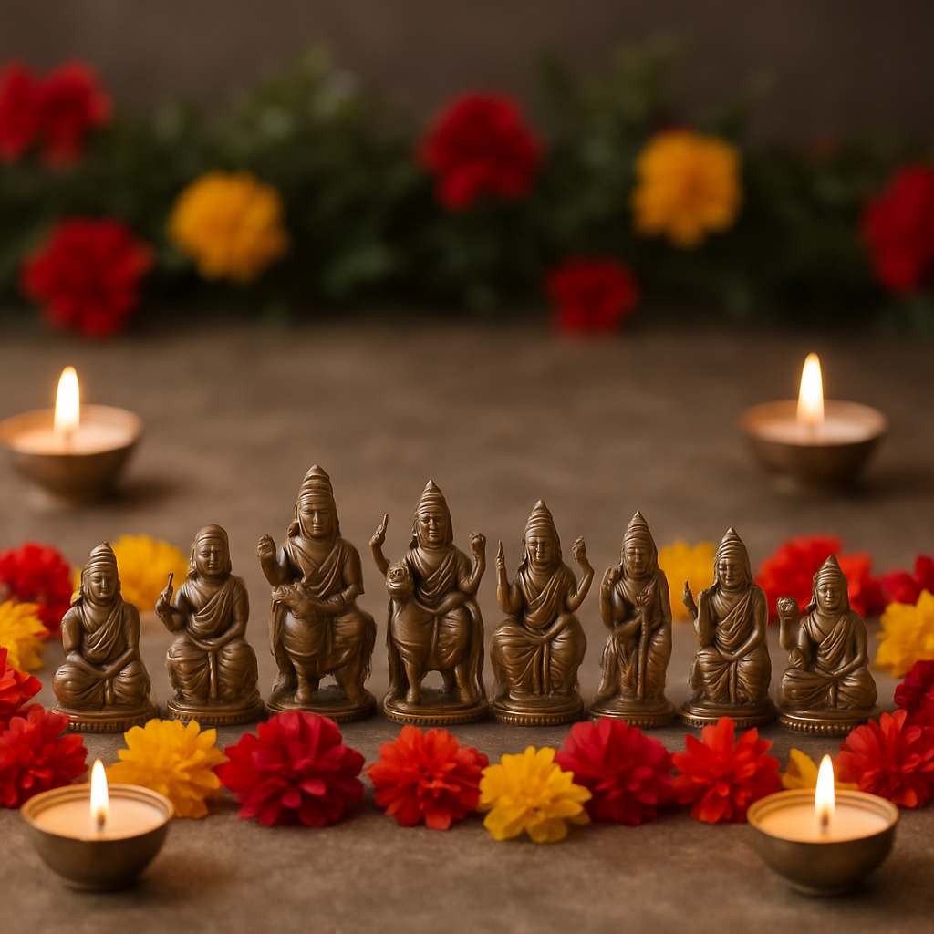 A serene setting for Navagraha Shanti Puja with nine small idols representing the planets, surrounded by flowers and candles