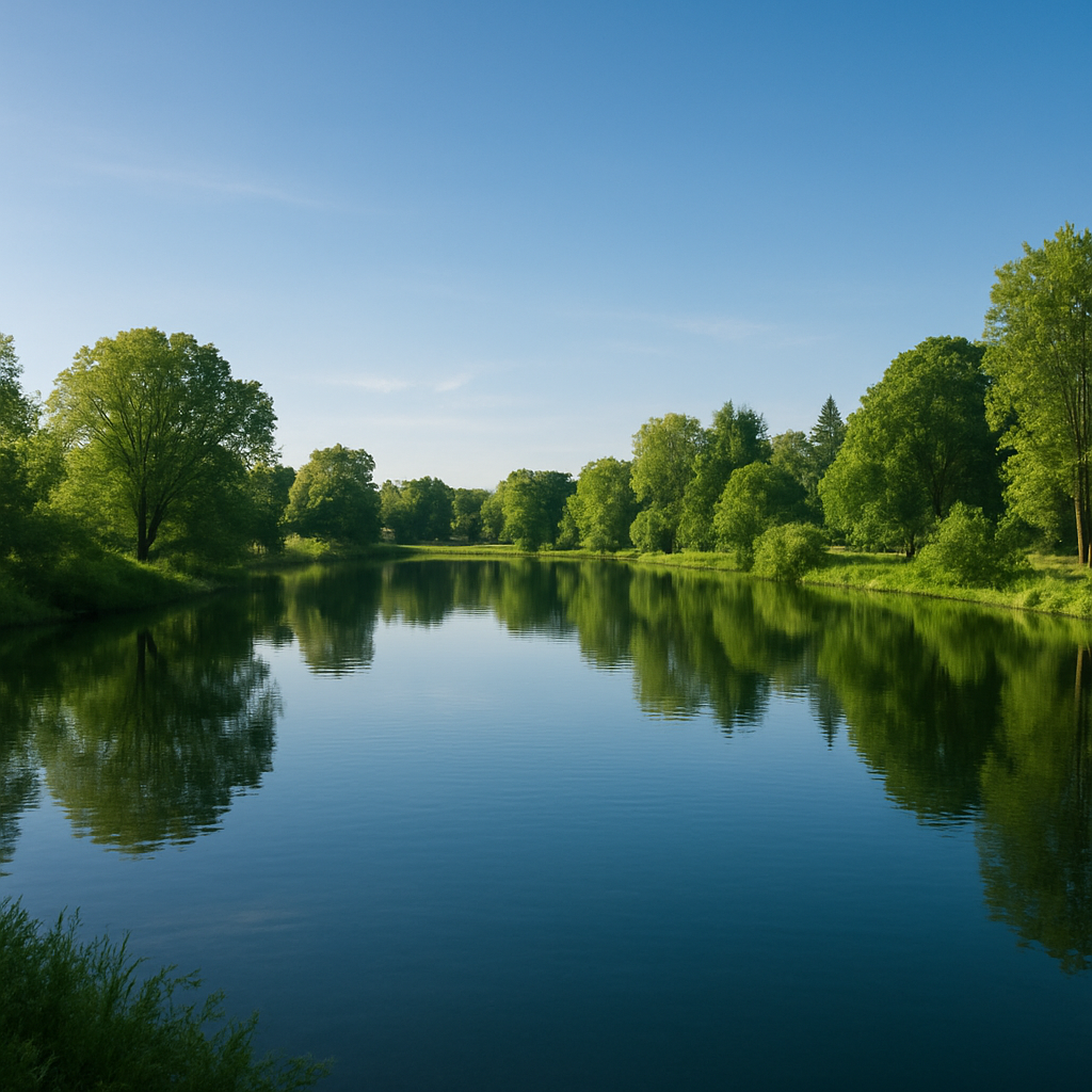 A serene landscape featuring a calm lake surrounded by lush greenery under a clear blue sky, symbolizing peace and tranquility for Pisces zodiac sign