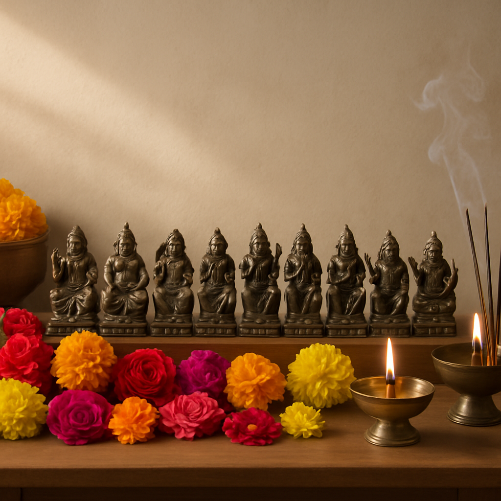 A serene home altar setup for Navagraha Shanti Puja with idols of nine planets, vibrant flowers, incense sticks burning