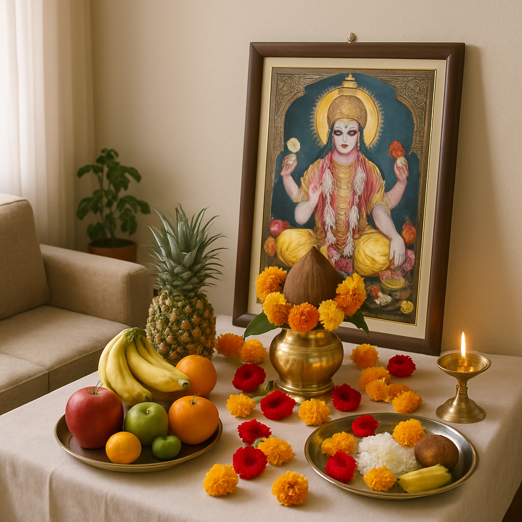 A serene home setting with an altar decorated for Satyanarayana Pooja, complete with traditional items like fruits, flowers, and a lamp