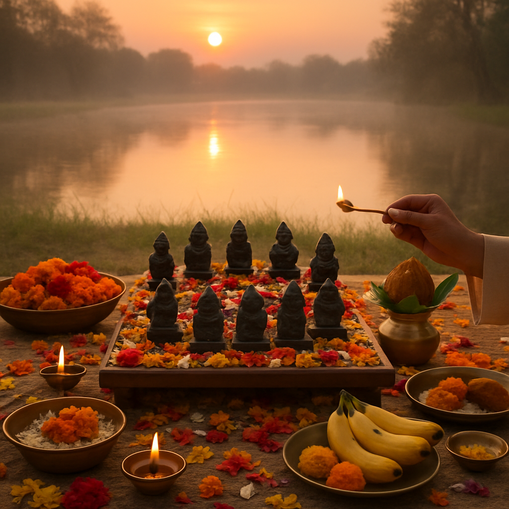 A serene setting depicting a Navagraha Shanti Puja being performed at sunrise, with colorful flowers and traditional offerings