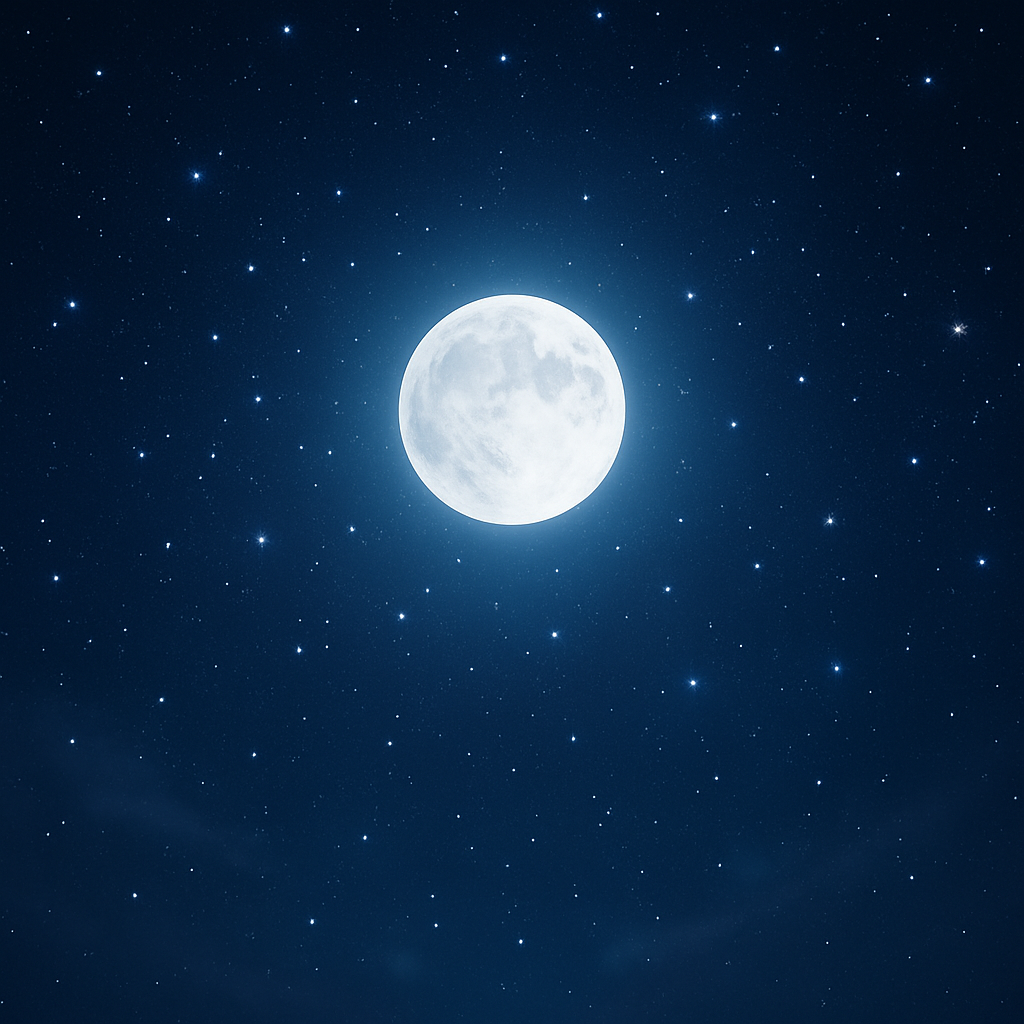 A serene night sky with a luminous full moon surrounded by twinkling stars, symbolizing tranquility and spiritual energy