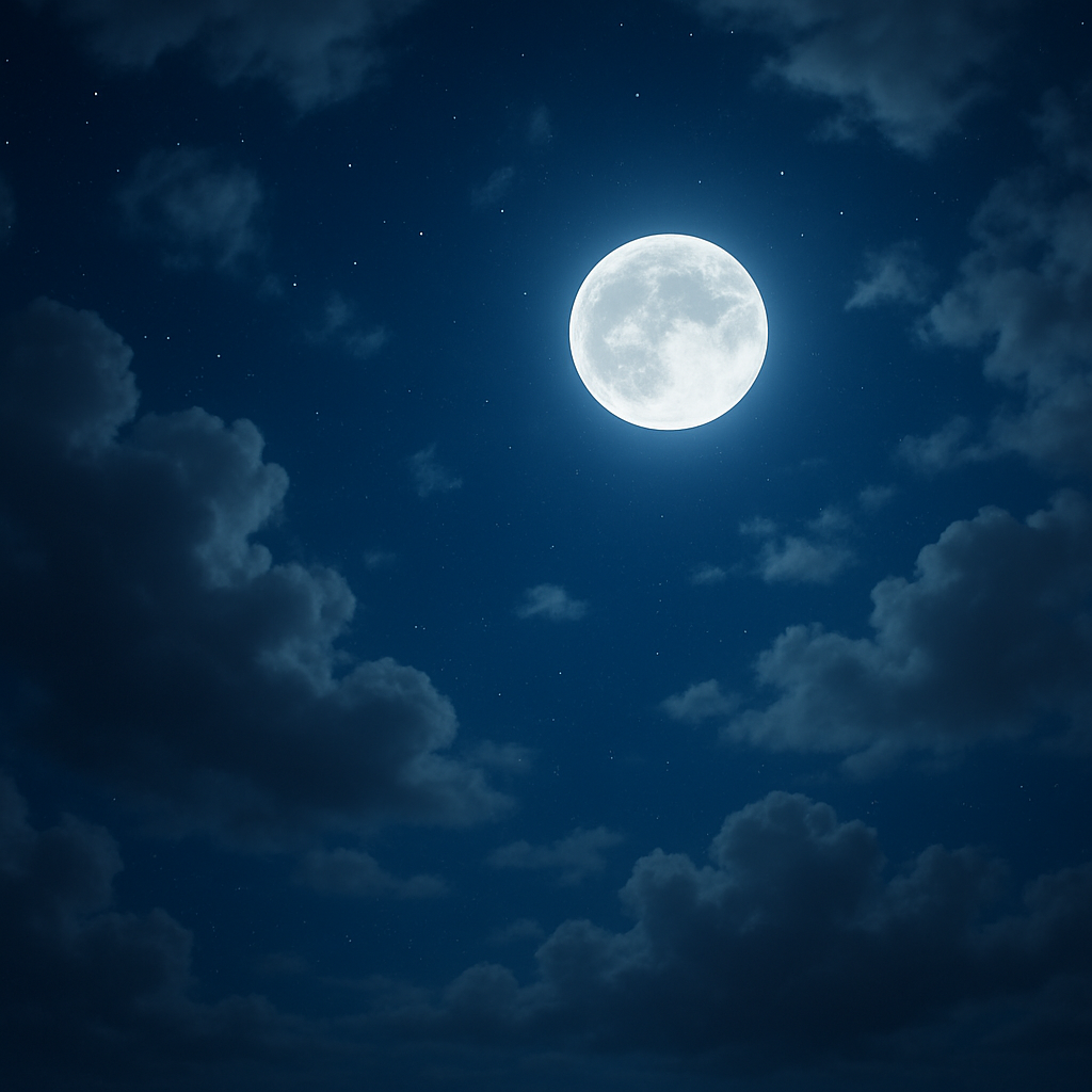 A serene night sky with a bright full moon surrounded by clouds, symbolizing peace and tranquility. The image should reflect calmness and spirituality.