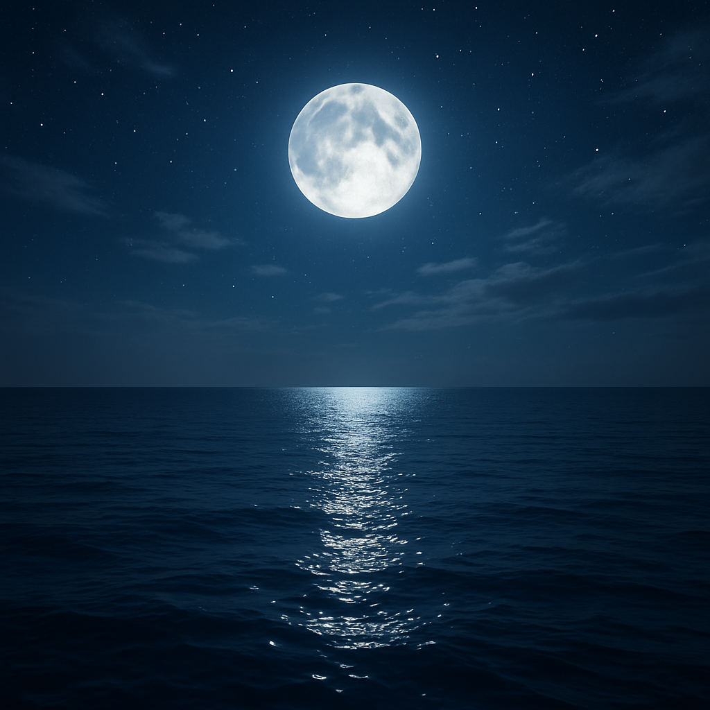 A serene night sky with a full moon shining brightly over calm waters