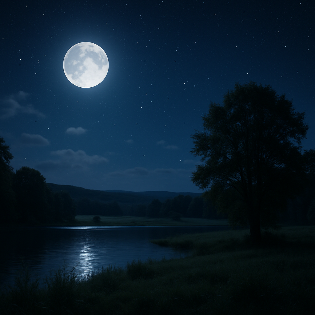 A serene night sky with a full moon illuminating a tranquil landscape