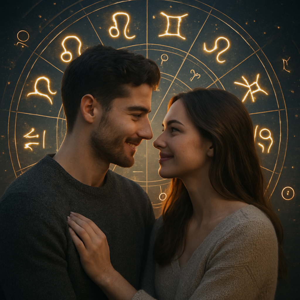 A beautiful couple looking at each other lovingly while surrounded by zodiac signs and astrological symbols