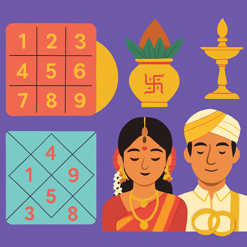 A vibrant illustration showing numerology charts alongside traditional Tamil and Kannada wedding symbols