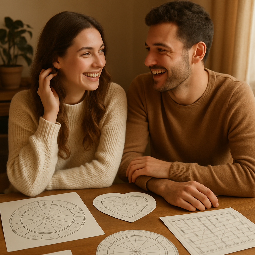 A couple happily engaged in conversation at a table with astrological charts and name compatibility tools around them