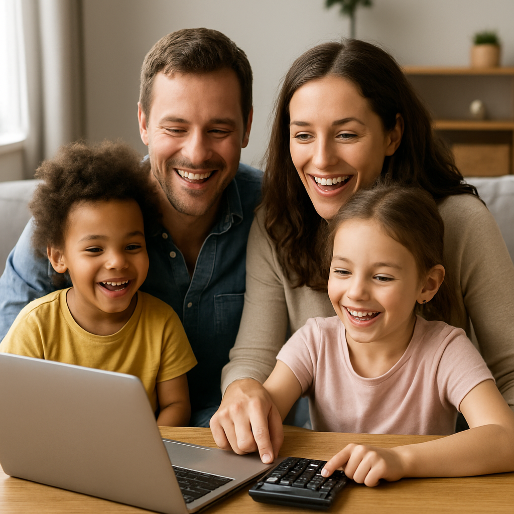 A cheerful family using a tax-free childcare calculator at home