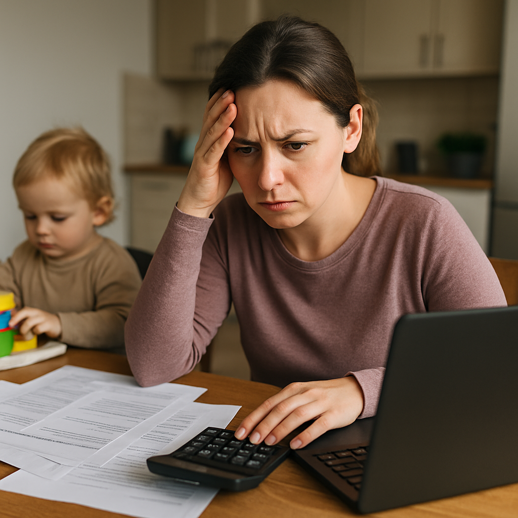 A parent looking frustrated while using a tax-free childcare calculator with papers scattered around