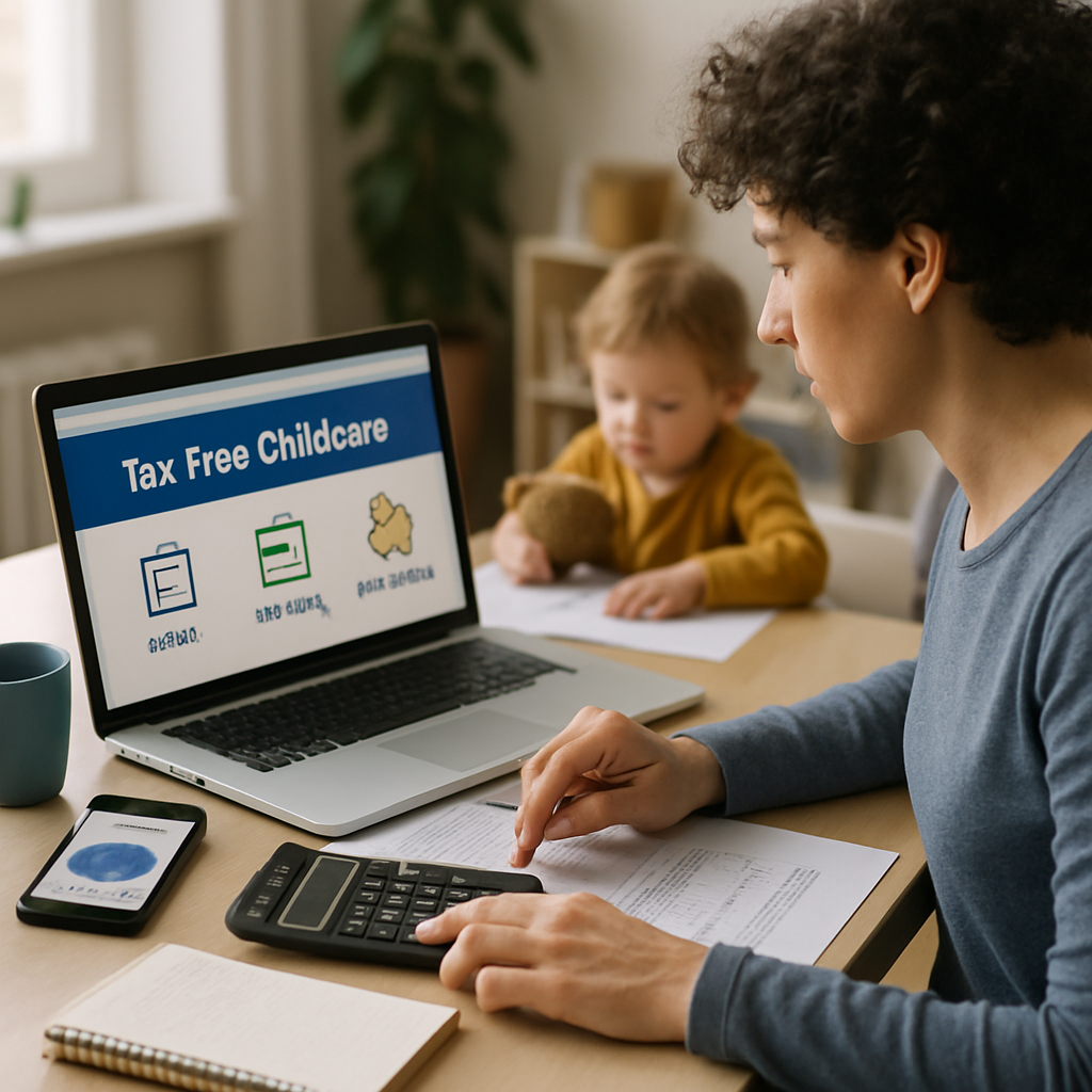 A parent using various resources online while calculating tax-free childcare savings