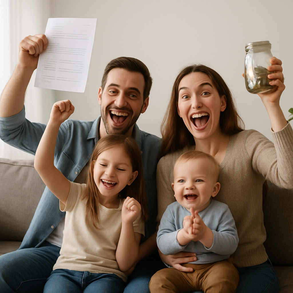 A satisfied family celebrating their successful tax-free childcare savings