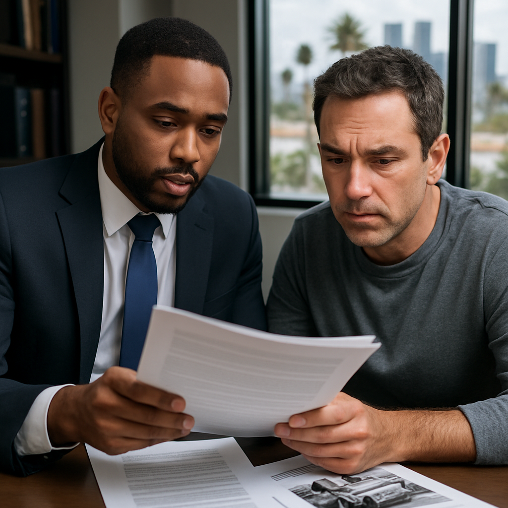 'A professional Los Angeles car accident attorney reviewing documents with a client.'