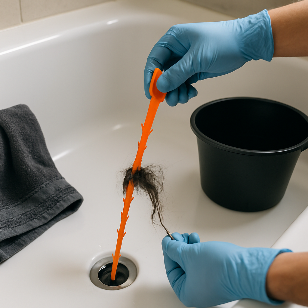 A professional-grade, photo-realistic shot of gloved hands using a Zip-It tool to pull hair from a bathtub drain in a Portland home; visible towel and bucket for containment; natural light, clean composition, professional mood