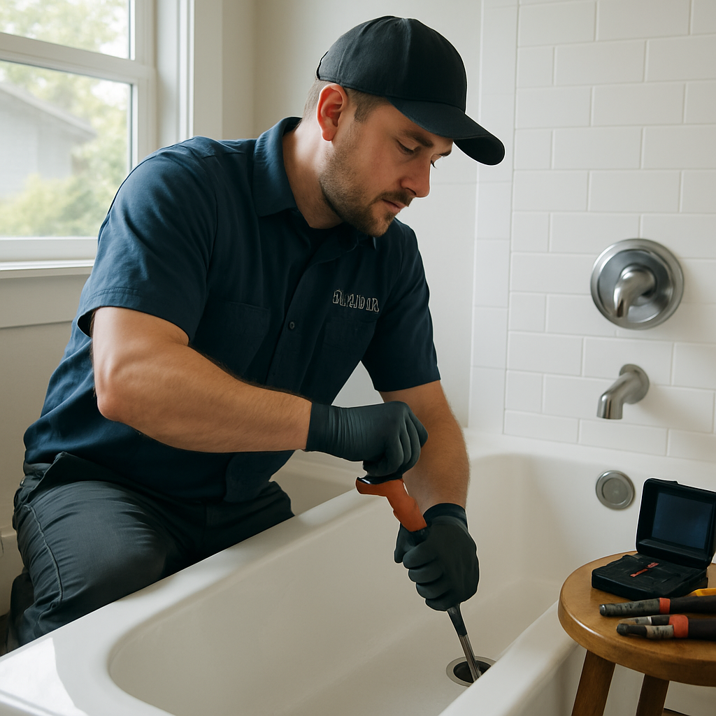Photo realistic image of a professional plumber using a hand auger to clear a bathtub drain in a well-lit Portland bathroom; technician wearing River City Plumbing uniform, tools and a small camera monitor visible on a nearby stool, mood professional