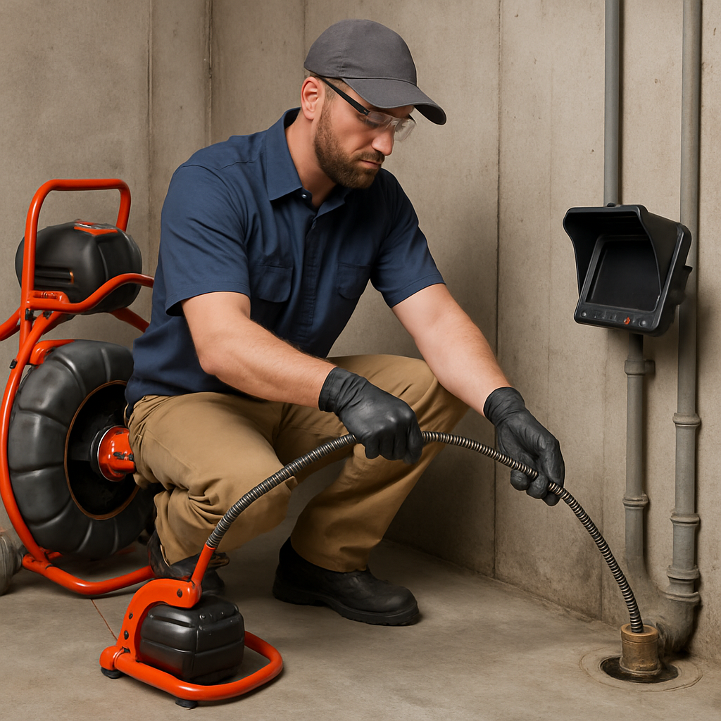 A professional plumber feeding a flexible drain snake into a basement cleanout with a RIDGID auger visible, technician in PPE, pipe inspection camera on a cart nearby, photo realistic, professional mood