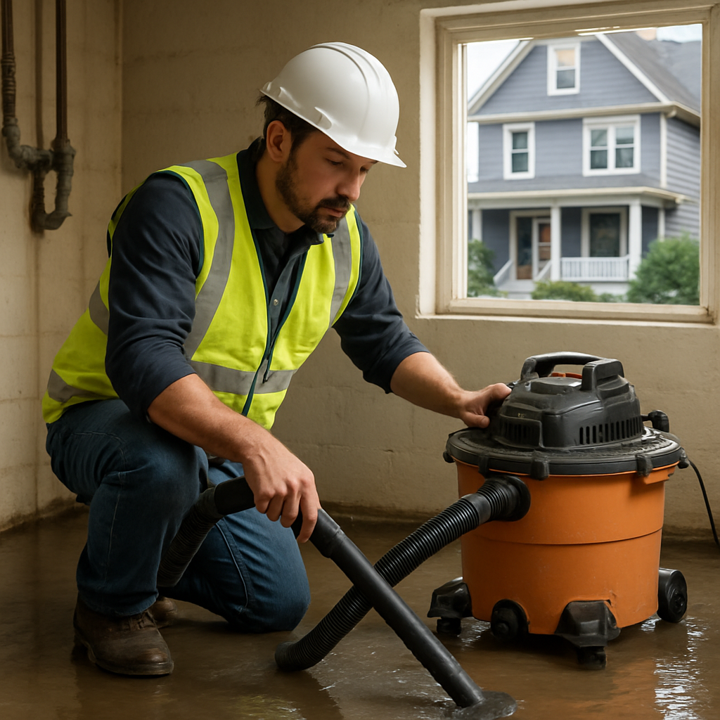 Photo realistic image of a licensed Portland plumber in a high-visibility vest using a shop-vac to remove standing water from a residential basement, with a Portland row house exterior visible through an open basement window; professional, pragmatic mood