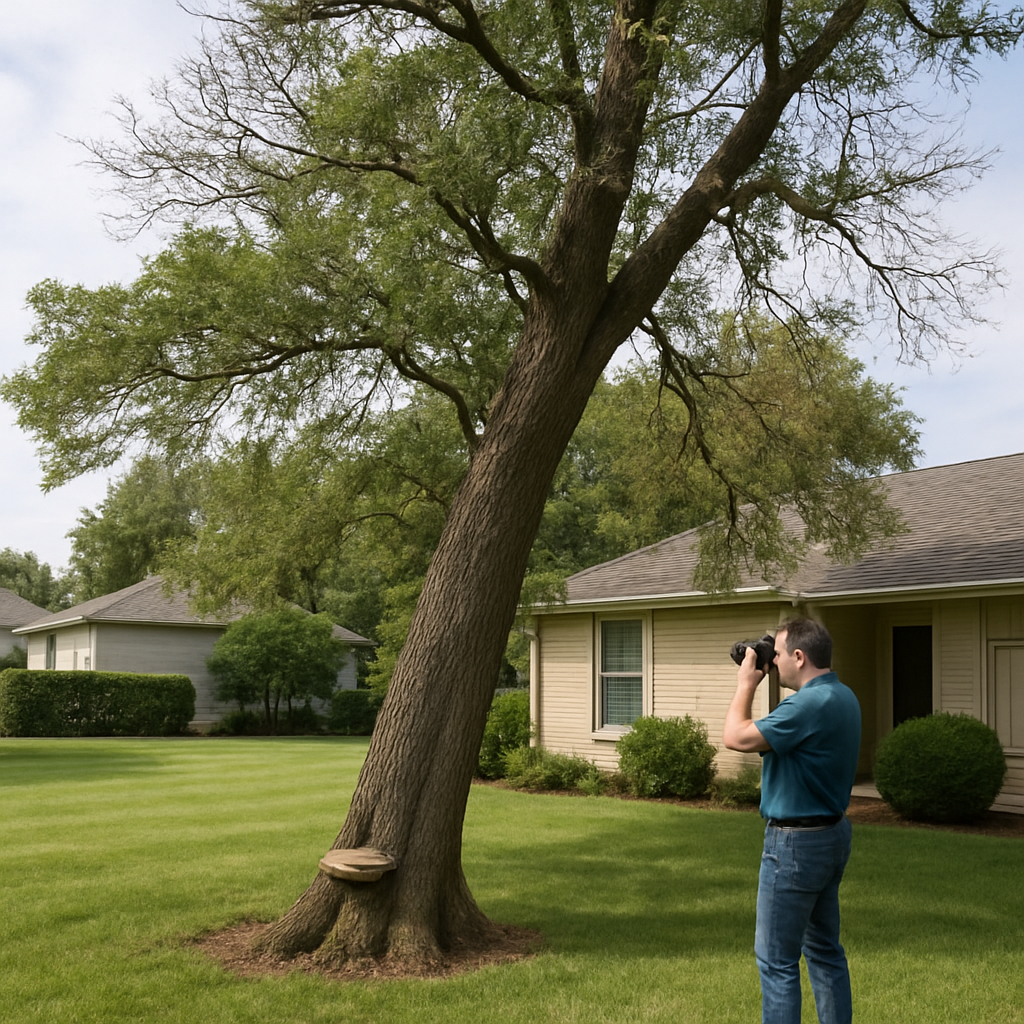 photo realistic image of a suburban yard with a large oak showing a visible shelf fungus at the trunk base, partial canopy dieback, and a small leaning angle; include a homeowner photographing the tree from 20 feet, professional and safe mood