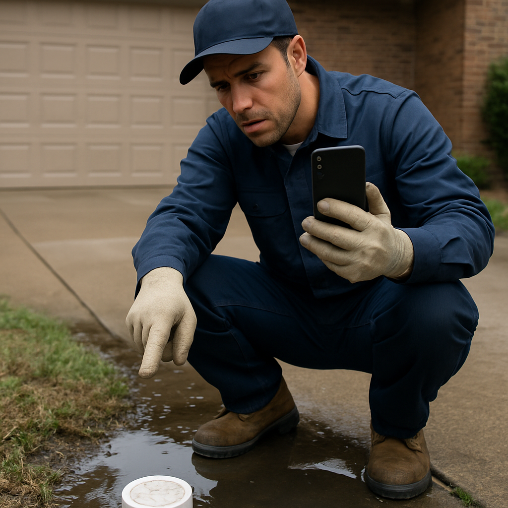 Photo realistic image of a plumber near an exterior sewer cleanout cap with visible standing water around the cap, the plumber pointing while holding a smartphone camera; residential driveway in the background, professional mood