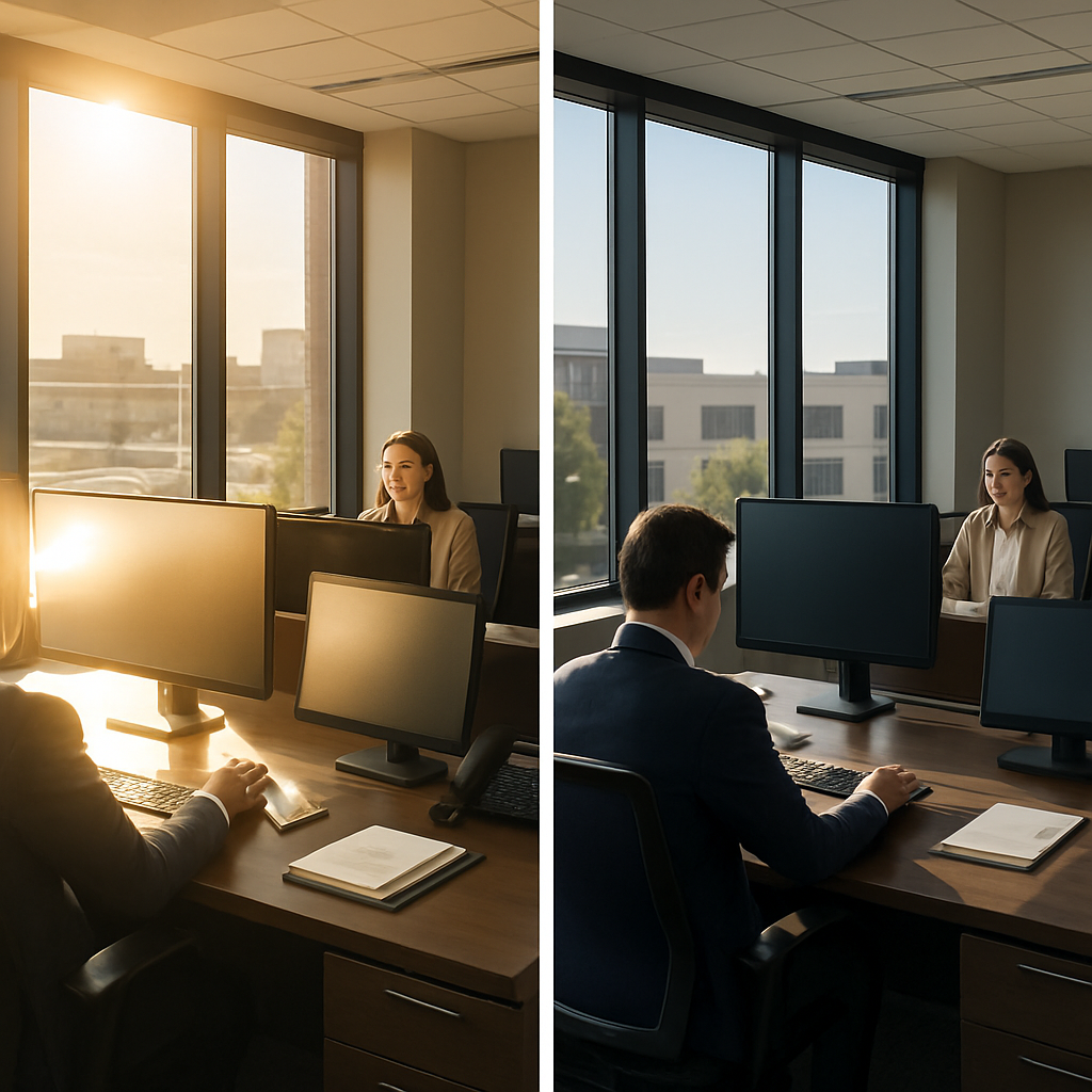 Before and after photo realistic image of an office perimeter showing strong afternoon glare on monitors before window film and the same space after spectrally selective <a href='https://tintingoregon.com/should-i-be-window-tinting-my-home-or-business/'>office window tinting</a> with preserved daylight and reduced reflections - professional mood, clean modern office, workers at desks, daytime.