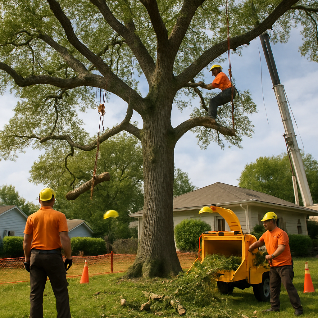 Photo realistic image of a professional tree crew performing crown reduction on a large oak in a suburban yard using proper rigging, helmets, and a ground crew chipping branches, with a crane in the background and a clearly marked exclusion zone